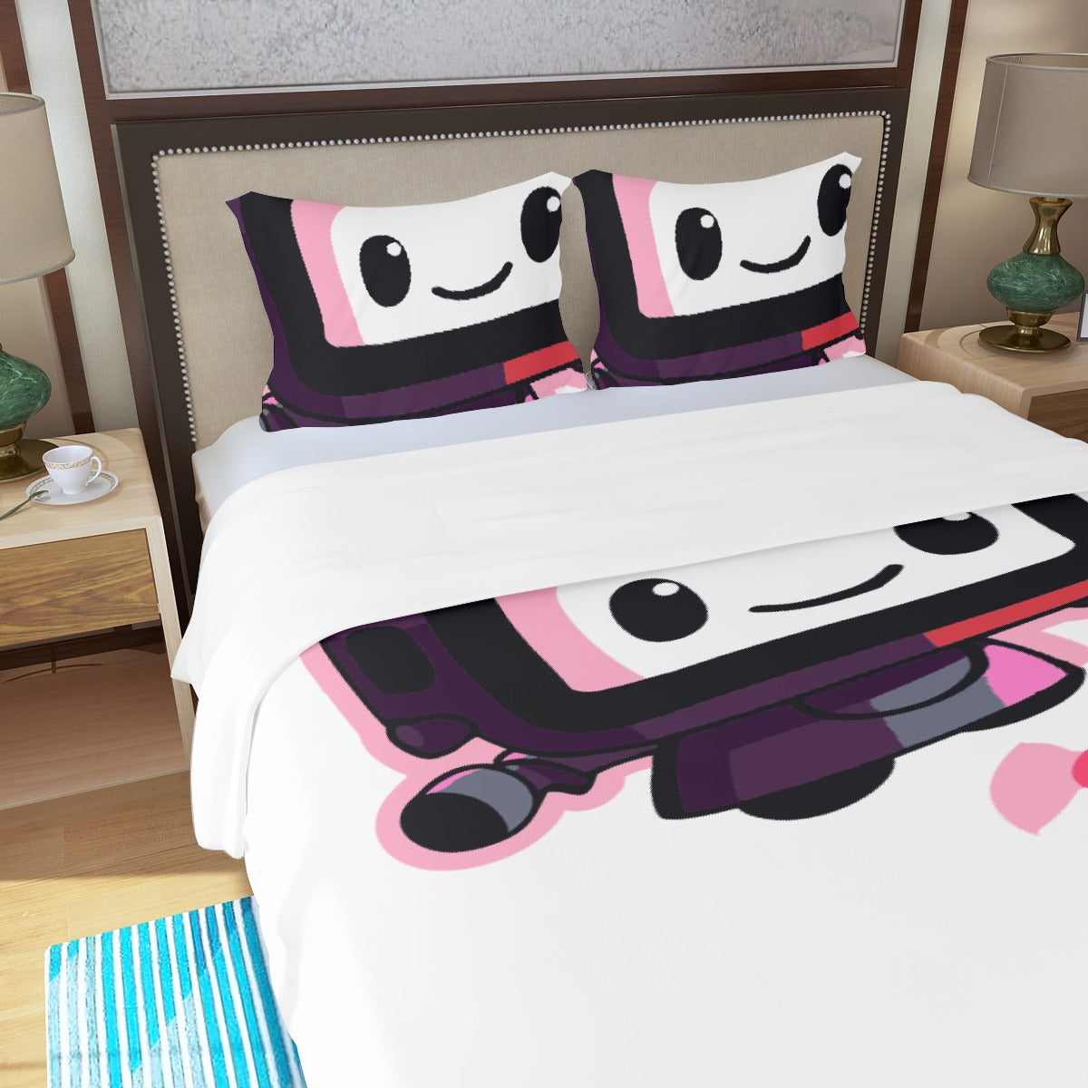 Three Piece Duvet Bedding Set Pink Robot