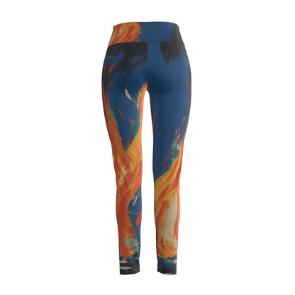 Women's High Waist Leggings | Side Stitch Closure "Fire Blue and Orange"