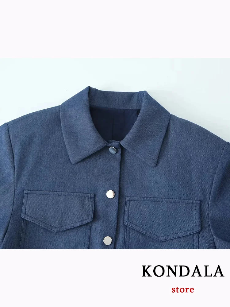 Vintage Solid Women Suit Blue Single Button Pockets Jackets Straight Loose Long Zipper Pants Fashion