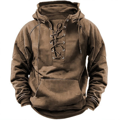 Men's Outdoor Retro Lace-up Hooded Long-sleeved T-shirt Casual Top