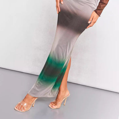 Women's Fashionable Green Gradient Print Skirt