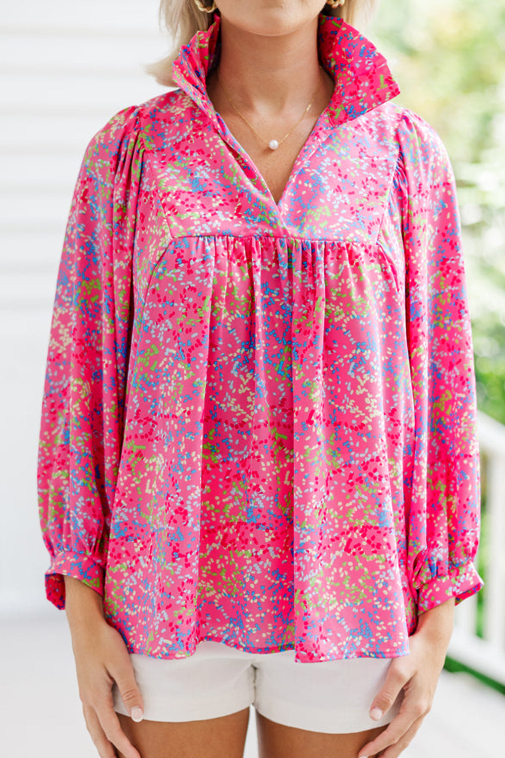 Purple Plus Size Floral Print Puff Sleeve V Neck Blouse