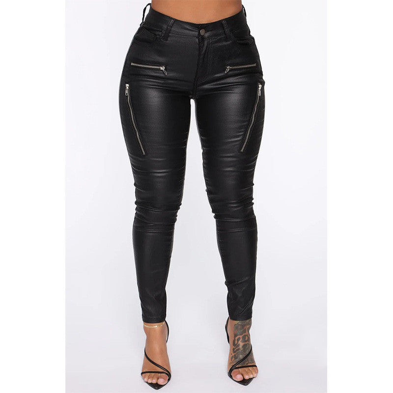 Women's Zippered Mid-rise Leather Pants