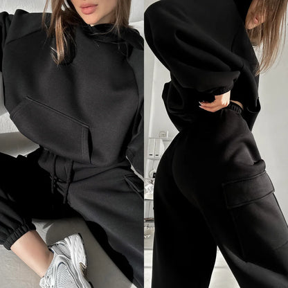 Women Hooded Tracksuit Two Pieces Set Sweatshirts Pullover Hoodies Pockets Pants Suit Drawstring