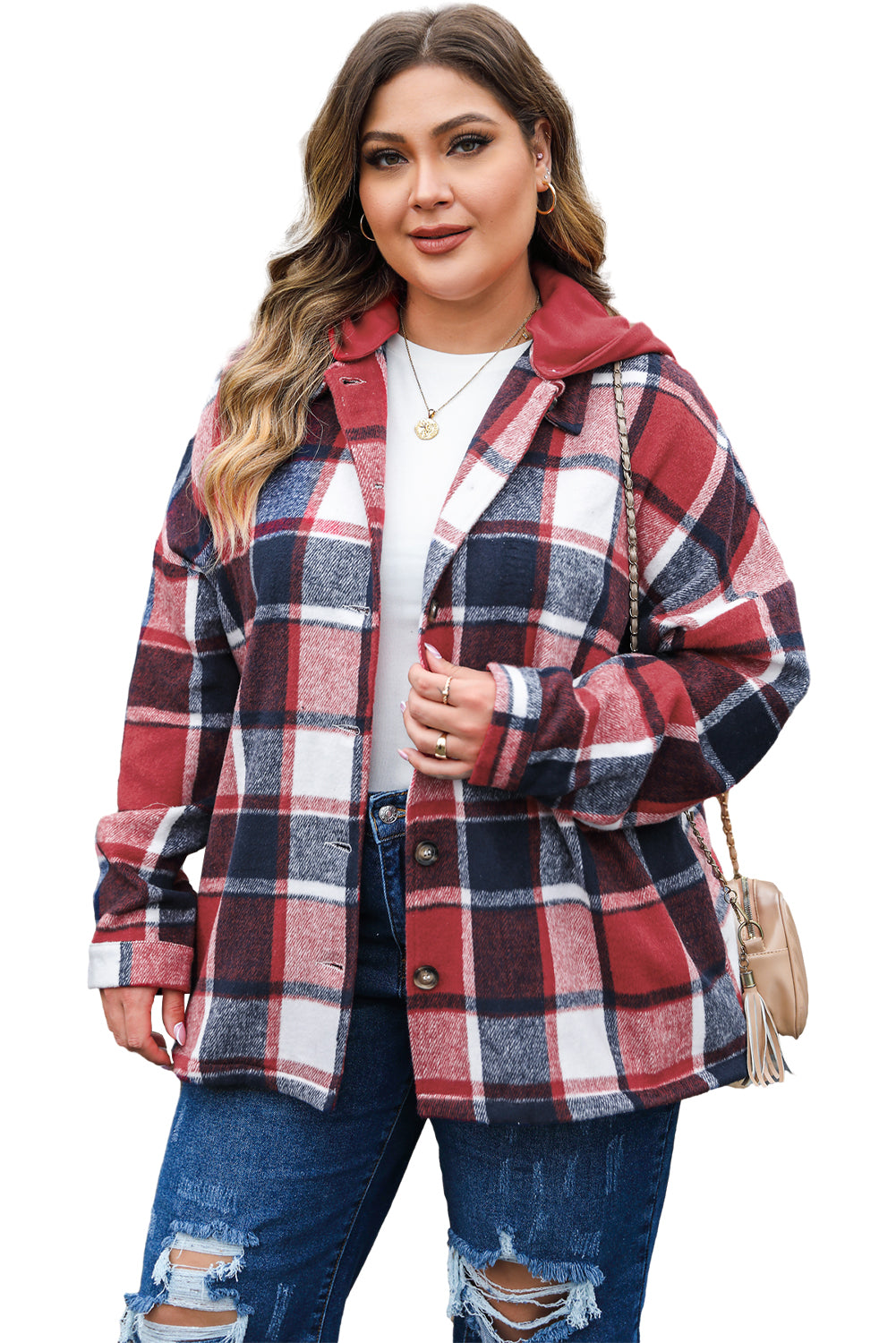 Red Printed Plus Size Plaid Button up Hooded Jacket