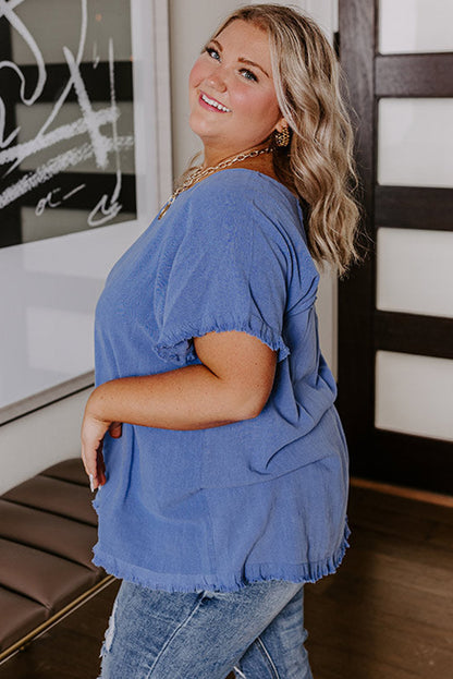 Ashleigh Blue Plus Size Solid Color Short Sleeve Frayed Edge Top