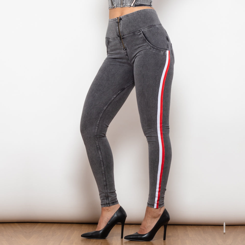 Melody High Waist Dark Thread Grey Jeans With Stripe Jeans Bum Lift Pants Shaping Jeggings Women Pants