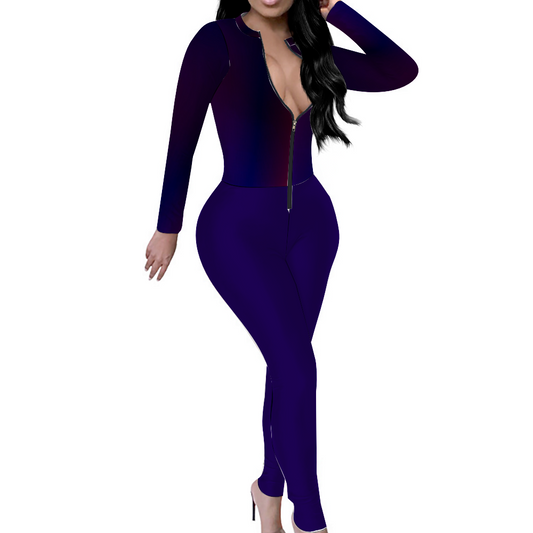 Custom Women's Sexy Front Zip Bodysuit Long Sleeve Jumpsuit "Blue"