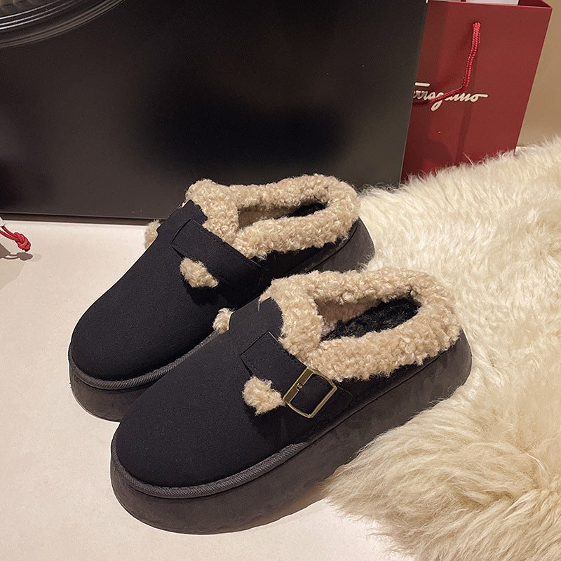 Muffin Platform Fluffy Shoes Women's Fleece-lined Half Slippers Cotton Shoes