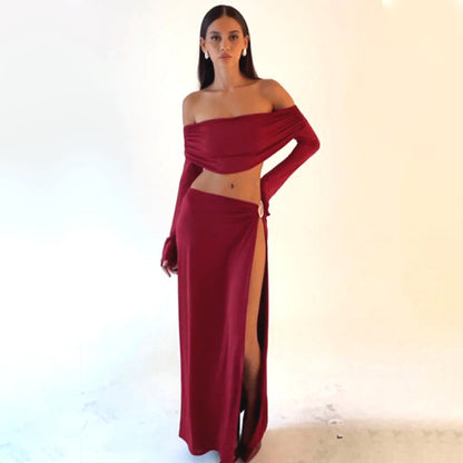 Off-neck Long Sleeve Sexy High Slit Skirt Two-piece Suit