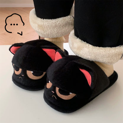 Angry Little Black Cat Cute Anti Slip Warm Furry Home Shoes