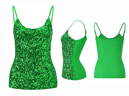 Summer Pure Color Sequins Sleeveless Sexy Round Neck Splicing Sling Vest