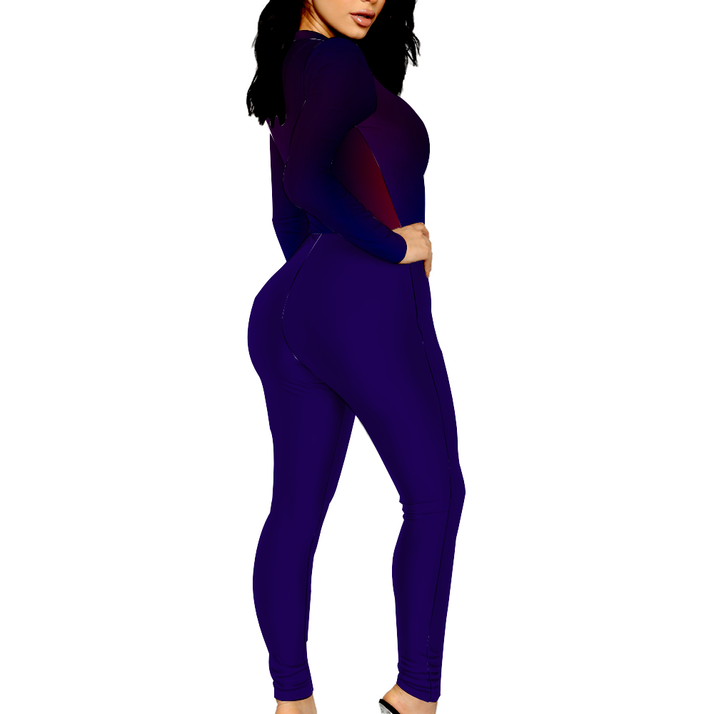 Custom Women's Sexy Front Zip Bodysuit Long Sleeve Jumpsuit "Blue"