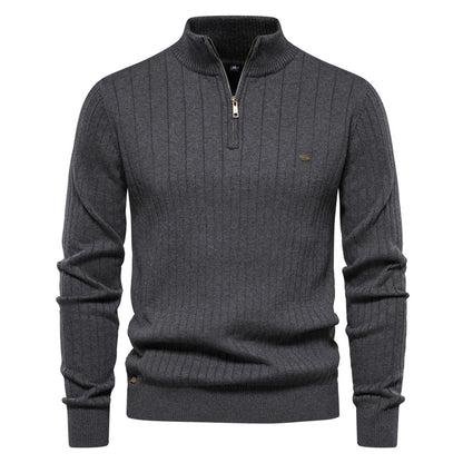 Men's Stand Collar Sweater Fashion Half-zipper Solid Color Striped Knit Sweater High Quality Slim Fit Top Clothing