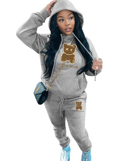 Lovely Bear Letter Print Kangaroo Pocket Tracksuit Set Long Sleeve Hoodie Draw string Trousers Women Two Pieces