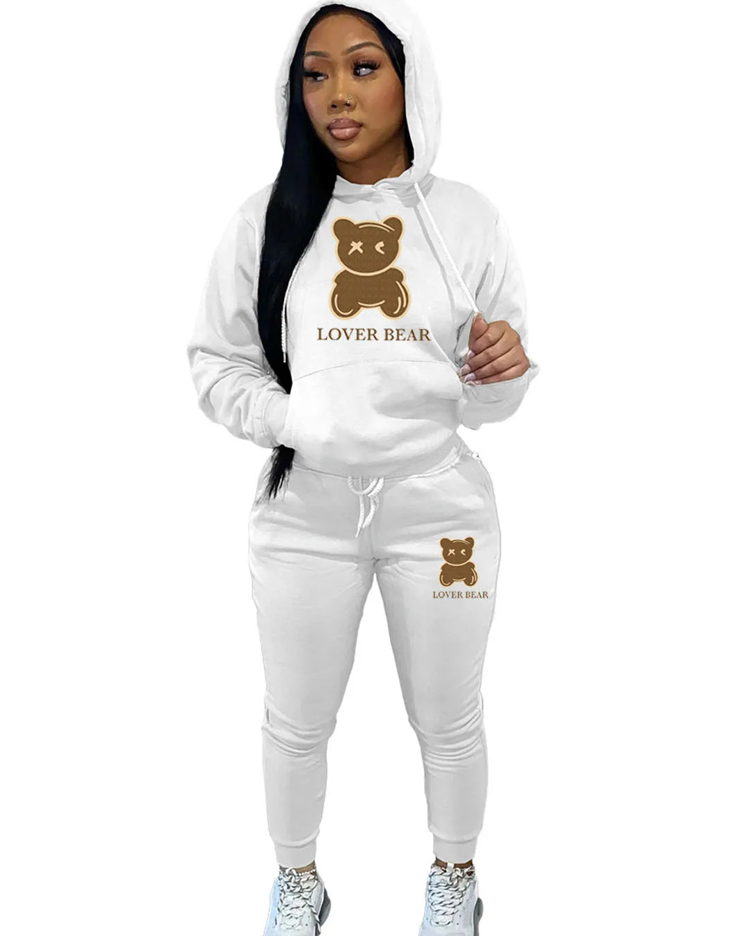 Lovely Bear Letter Print Kangaroo Pocket Tracksuit Set Long Sleeve Hoodie Draw string Trousers Women Two Pieces