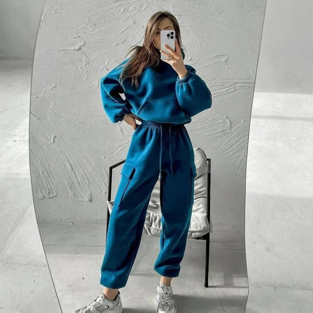 Women Hooded Tracksuit Two Pieces Set Sweatshirts Pullover Hoodies Pockets Pants Suit Drawstring