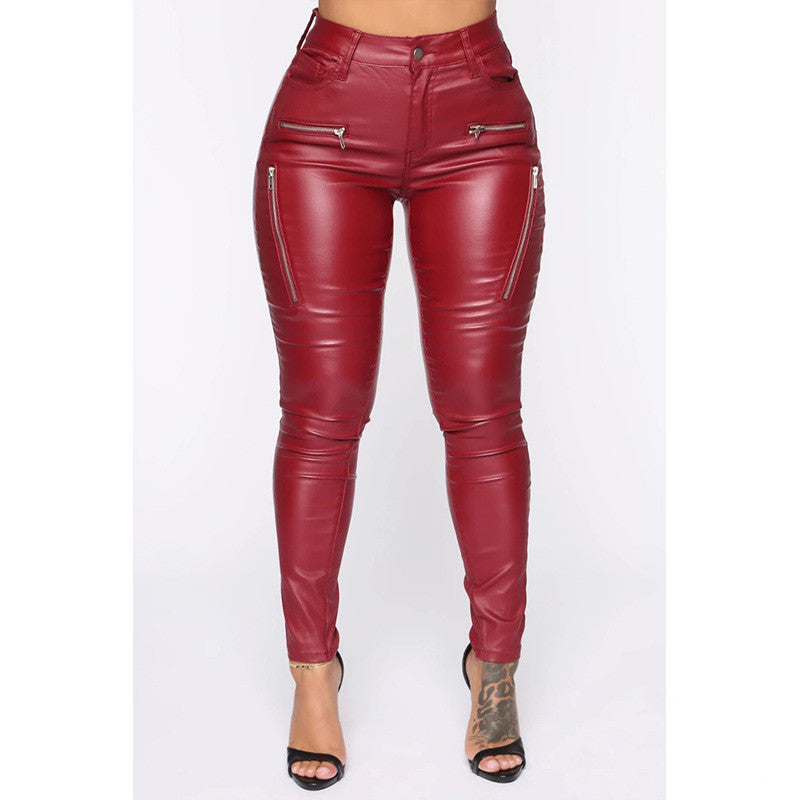 Women's Zippered Mid-rise Leather Pants