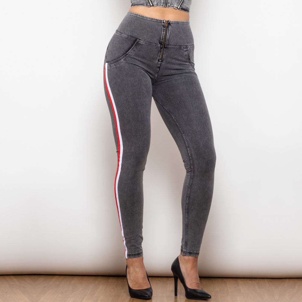 Melody High Waist Dark Thread Grey Jeans With Stripe Jeans Bum Lift Pants Shaping Jeggings Women Pants