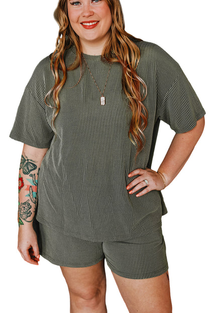 Moss Green Plus Size Rib Knit Short Sleeve Top and Shorts Set