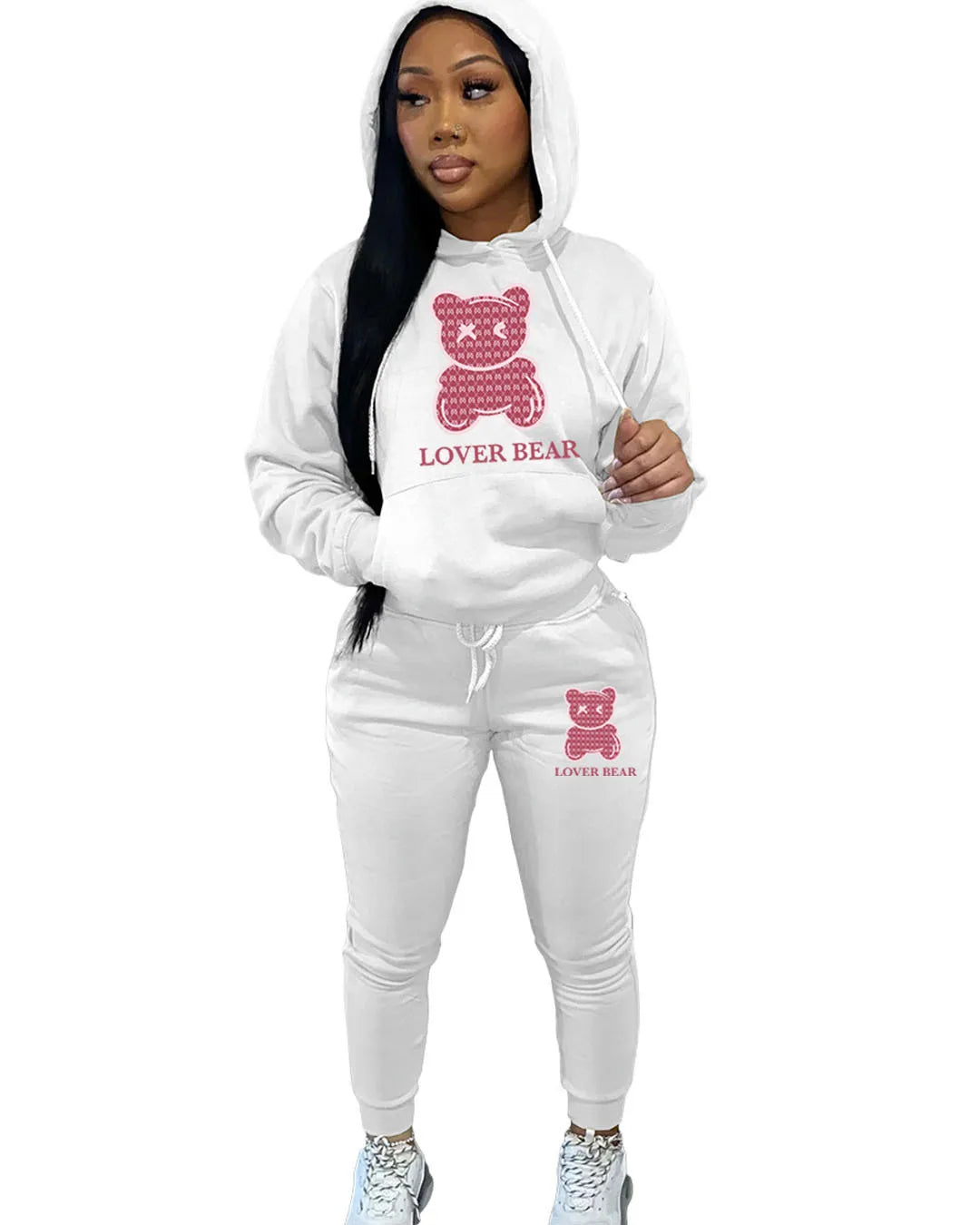 Lovely Bear Letter Print Kangaroo Pocket Tracksuit Set Long Sleeve Hoodie Draw string Trousers Women Two Pieces