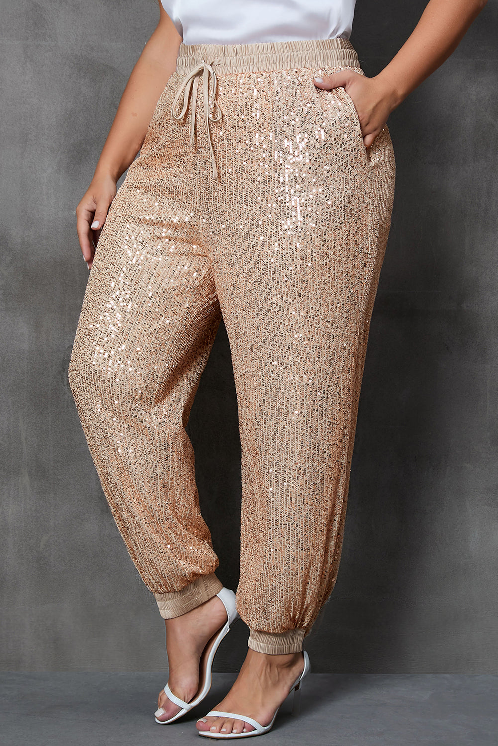 Apricot Plus Size Sequin Drawstring Waist Joggers