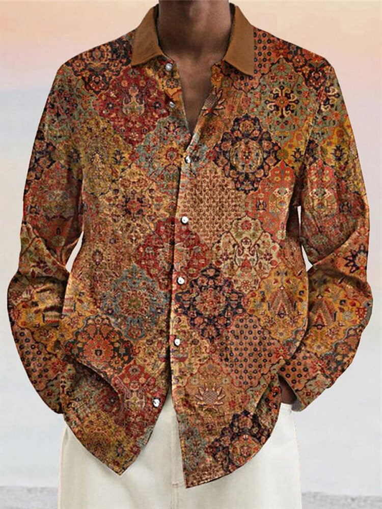 Digital Printing Slub Linen Cardigan Long Sleeve Casual Shirt