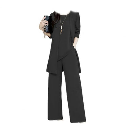 Trendy Irregular Hem Comfortable Vest Top Wide Leg Pants Mid-length Coat Set