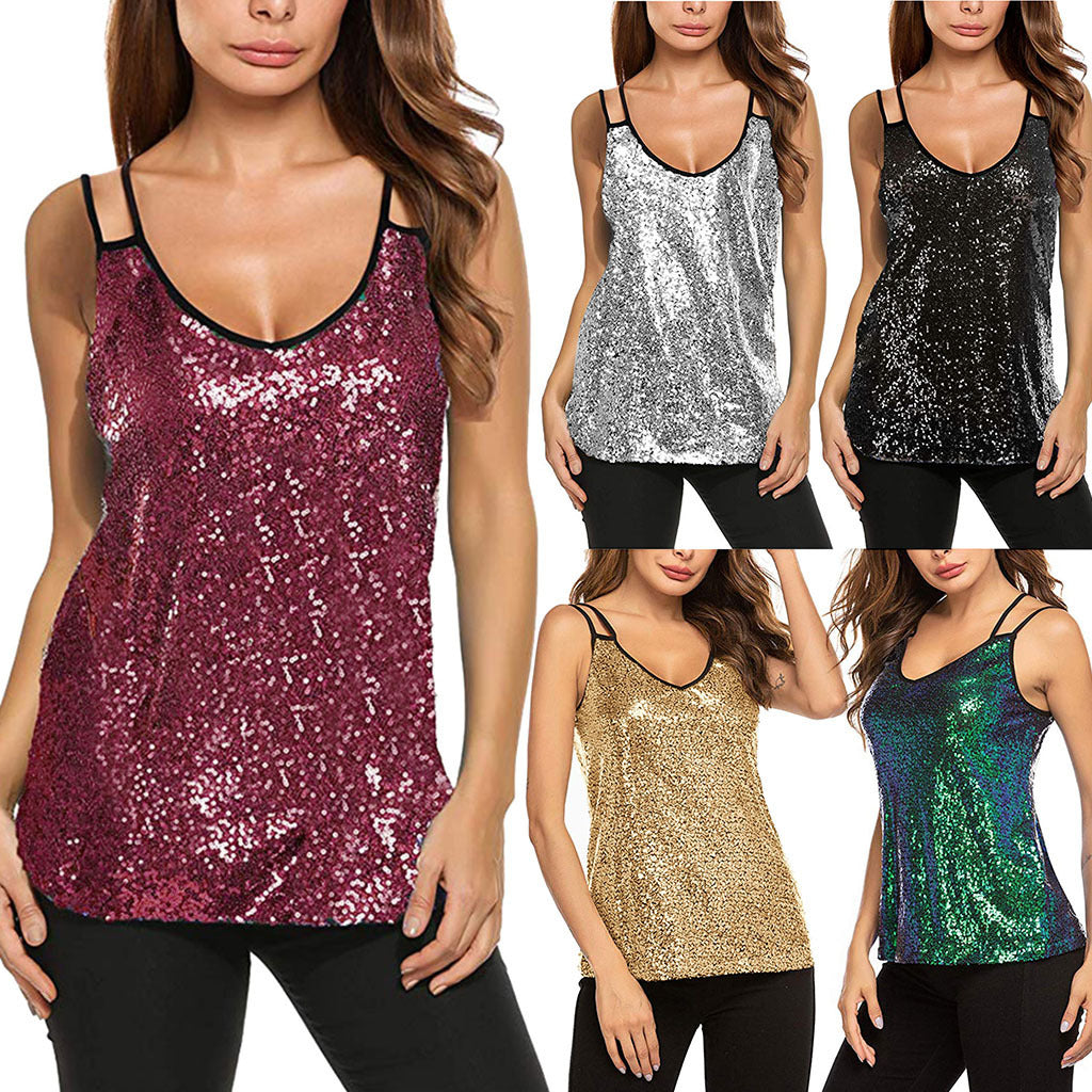 European And American Fashionable Sequins Stitching Straight Slim Fit Strappy T-shirt Women