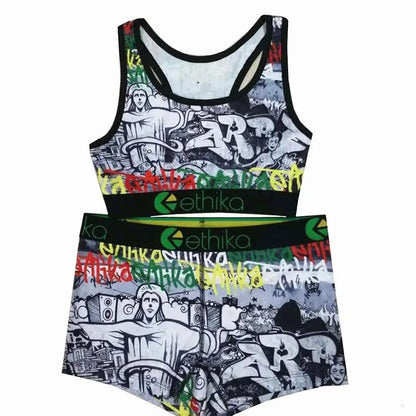 Women 2pcs Outfit Shorts Set Female Bra And Boxers Club Spandex Sleeveless Vest Shorts Spandex Suits Womens Sports Two Piece Set