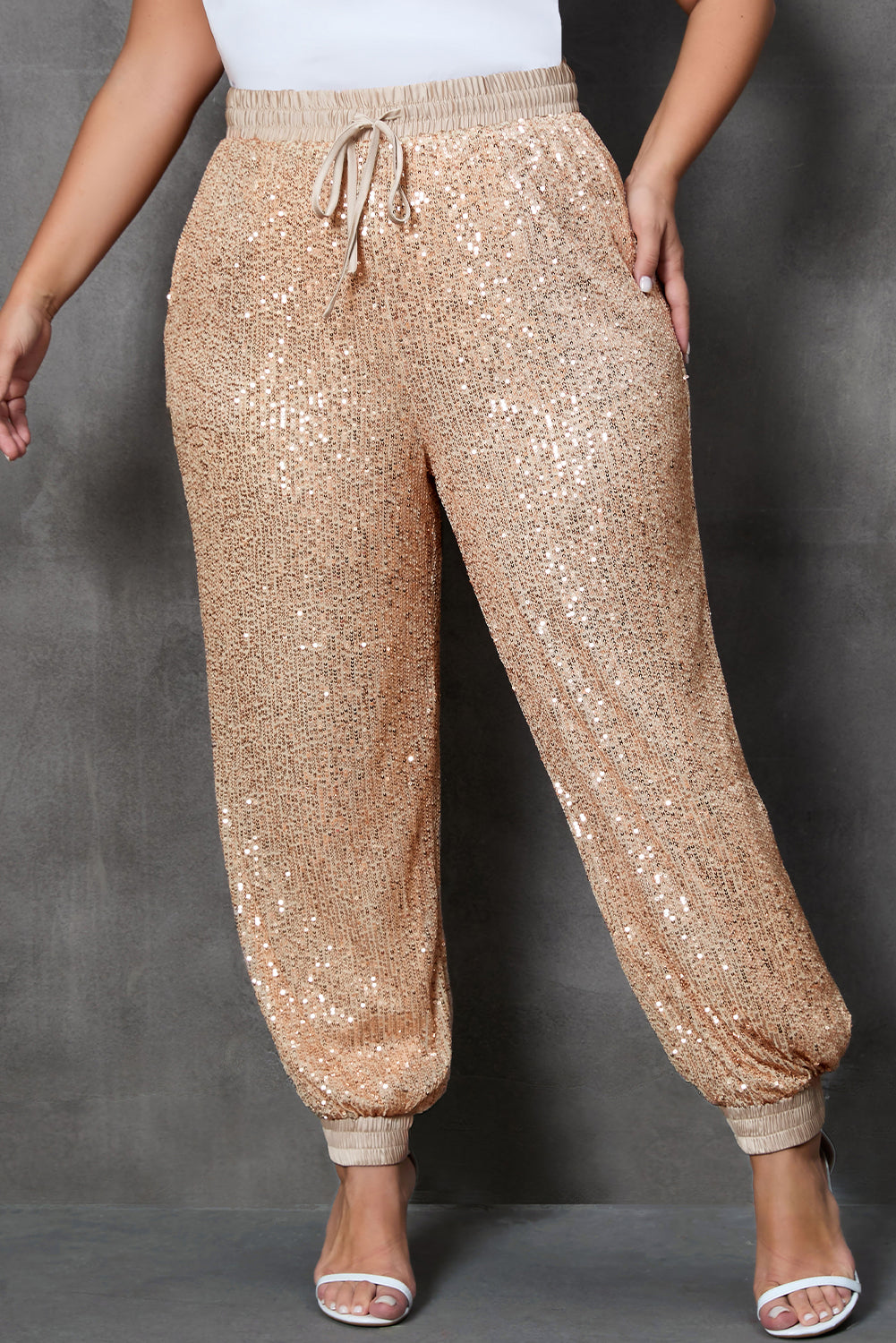 Apricot Plus Size Sequin Drawstring Waist Joggers