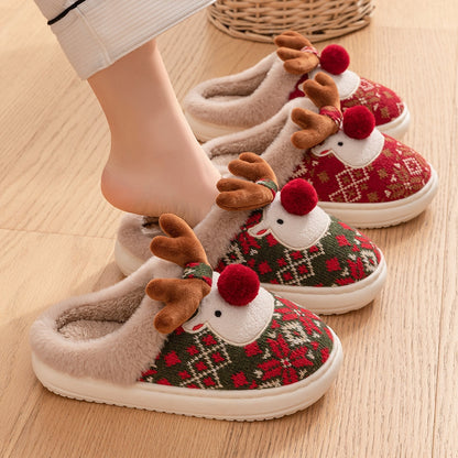 Women's Non-slip Plush Cute Christmas Elk Cotton Slippers