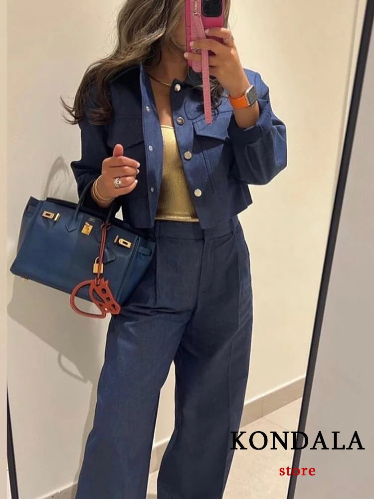 Vintage Solid Women Suit Blue Single Button Pockets Jackets Straight Loose Long Zipper Pants Fashion