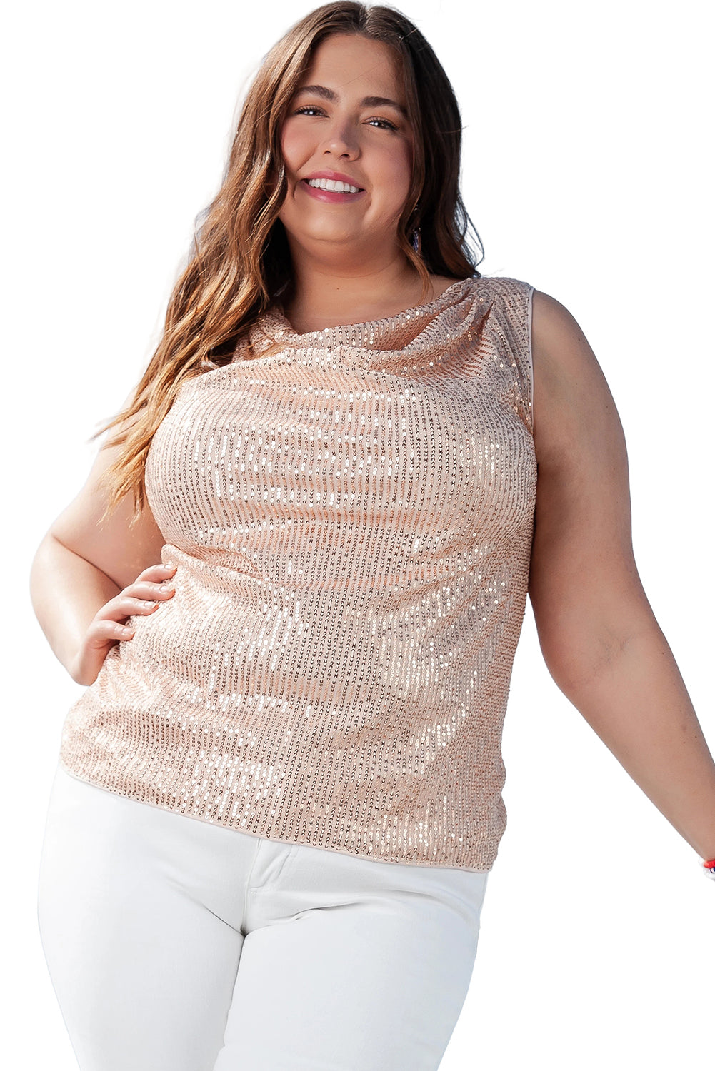 Apricot Plus Size Drape Front Sequined Tank Top