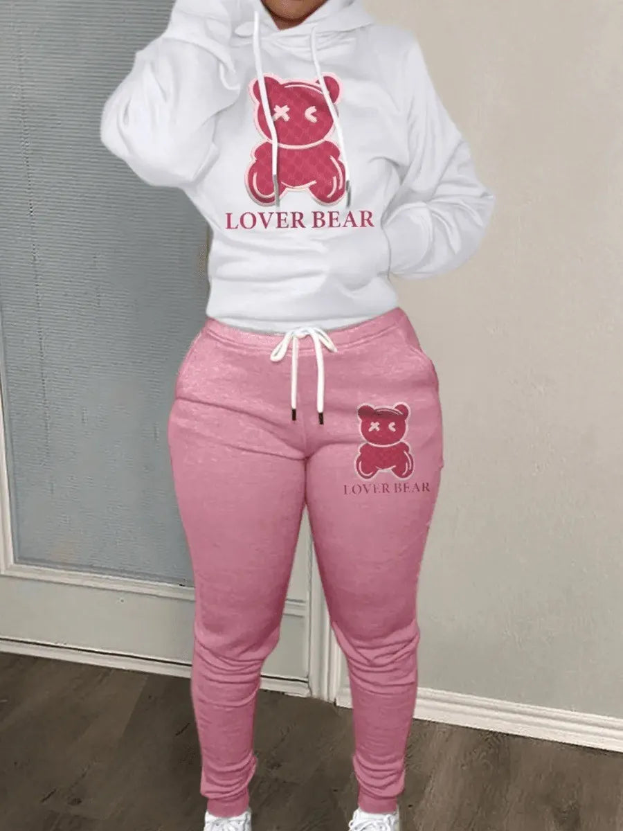 Lovely Bear Letter Print Kangaroo Pocket Tracksuit Set Long Sleeve Hoodie Draw string Trousers Women Two Pieces