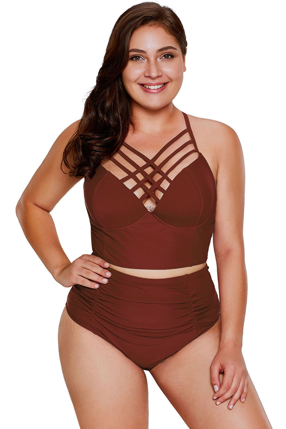 Fiery Red Strappy Neck Detail High Waist Plus Size Swimsuit