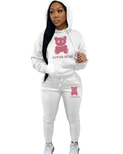 Lovely Bear Letter Print Kangaroo Pocket Tracksuit Set Long Sleeve Hoodie Draw string Trousers Women Two Pieces