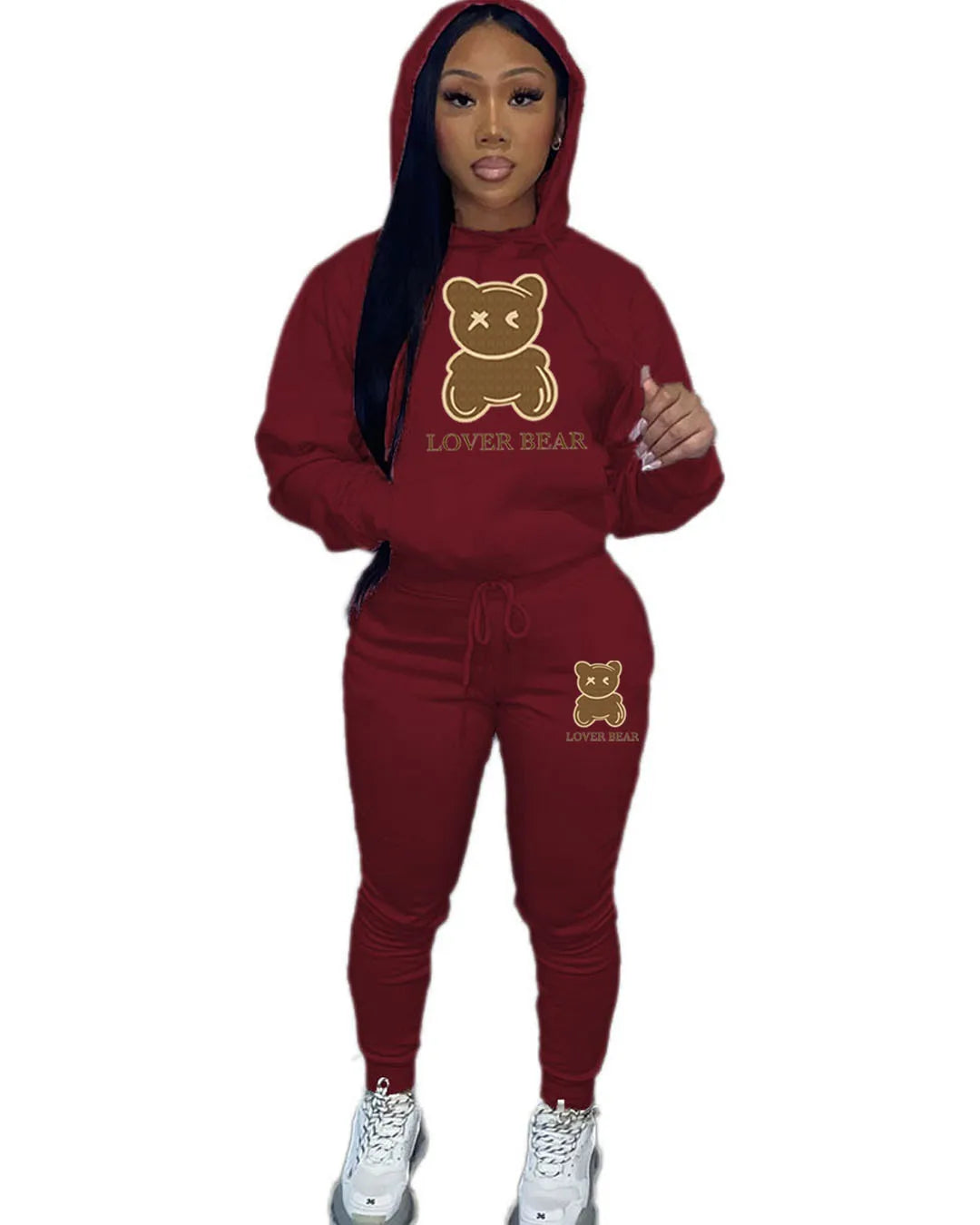 Lovely Bear Letter Print Kangaroo Pocket Tracksuit Set Long Sleeve Hoodie Draw string Trousers Women Two Pieces