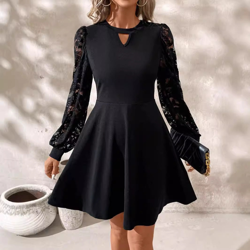 Elegant Women's Black Round Neck Lace Stitching Long Sleeve Slim Flared Hem Dress