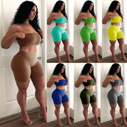 High Elastic Tight Elastic Small Tube Top Shorts Two-piece Set