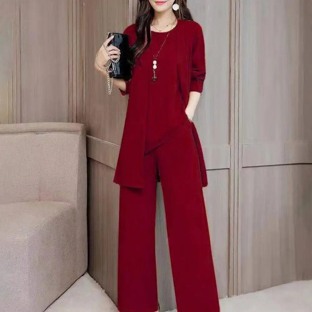 Trendy Irregular Hem Comfortable Vest Top Wide Leg Pants Mid-length Coat Set