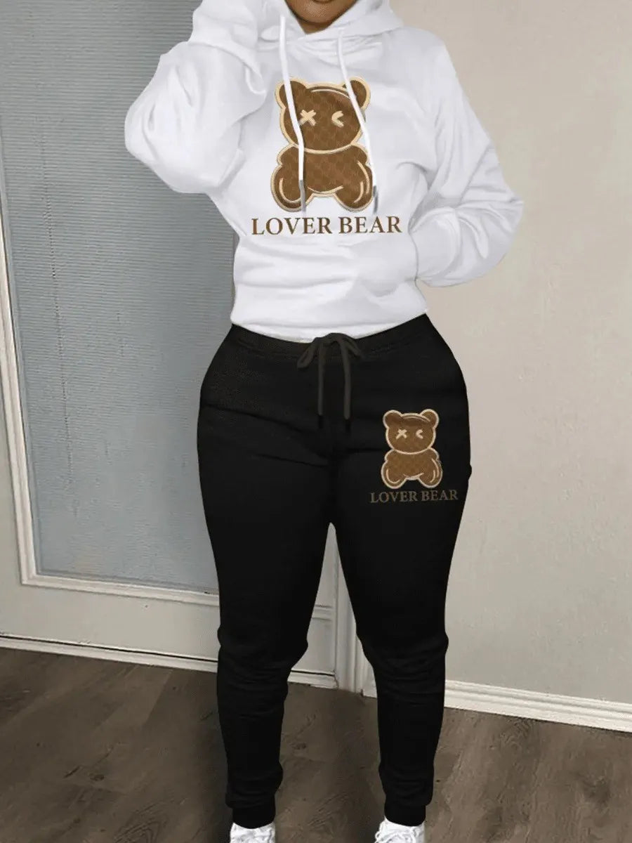 Lovely Bear Letter Print Kangaroo Pocket Tracksuit Set Long Sleeve Hoodie Draw string Trousers Women Two Pieces