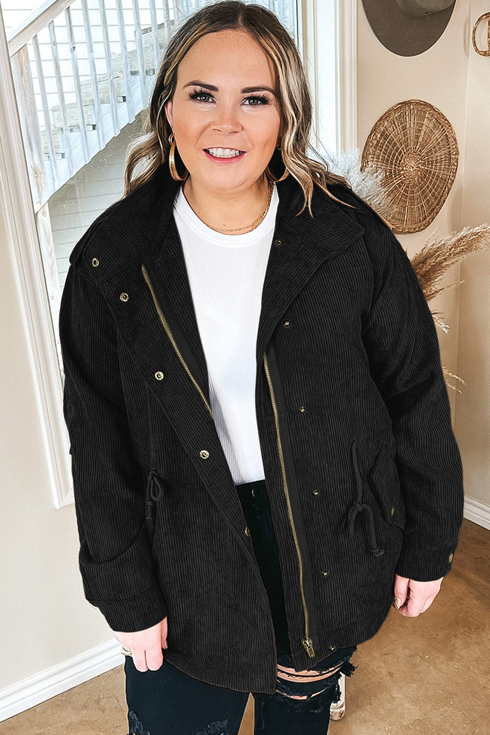 Black Plus Size Button Zipped Corduroy Jacket