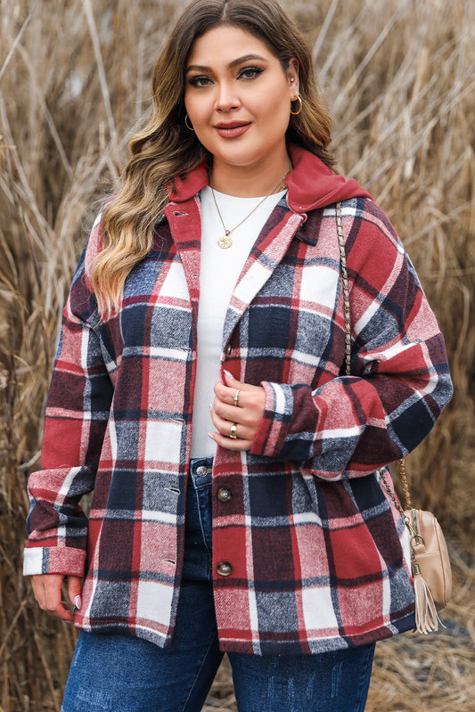 Red Printed Plus Size Plaid Button up Hooded Jacket