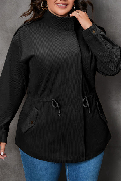 Black Plus Size Button Zipped Corduroy Jacket