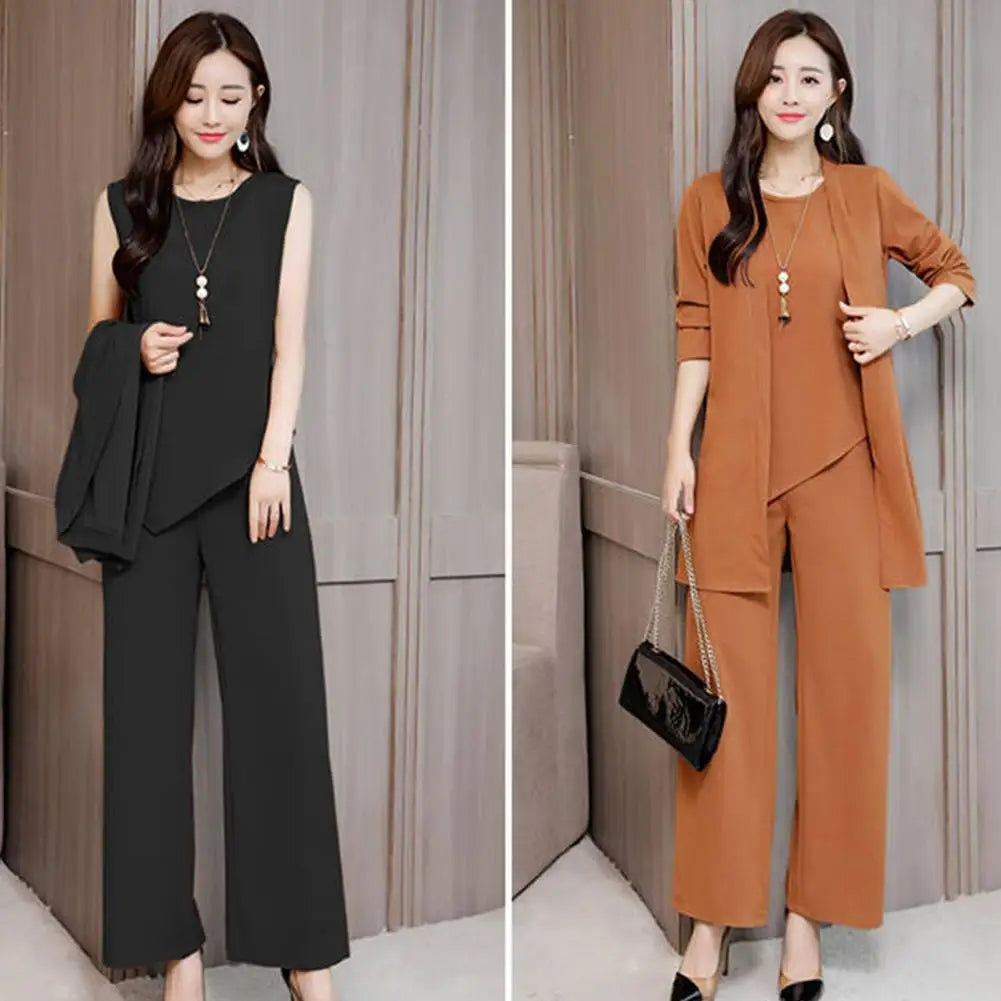 Trendy Irregular Hem Comfortable Vest Top Wide Leg Pants Mid-length Coat Set