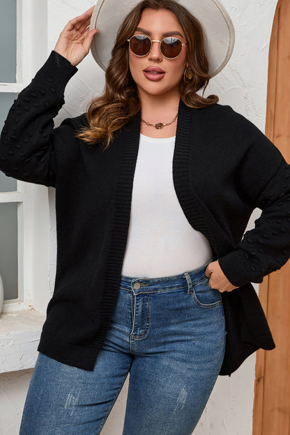 Black Pom Pom Detail Open Front Plus Size Cardigan