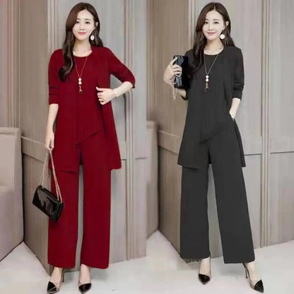 Trendy Irregular Hem Comfortable Vest Top Wide Leg Pants Mid-length Coat Set