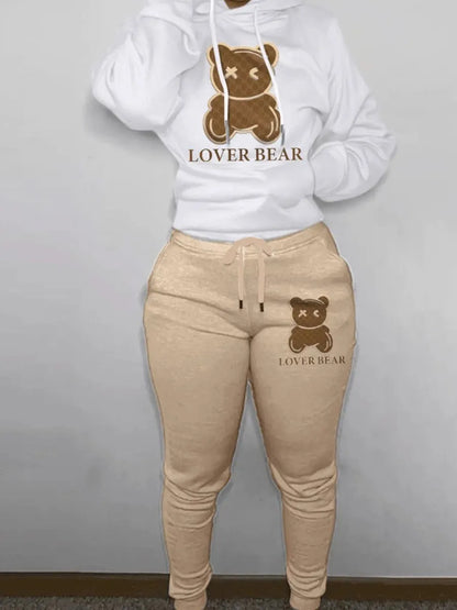 Lovely Bear Letter Print Kangaroo Pocket Tracksuit Set Long Sleeve Hoodie Draw string Trousers Women Two Pieces