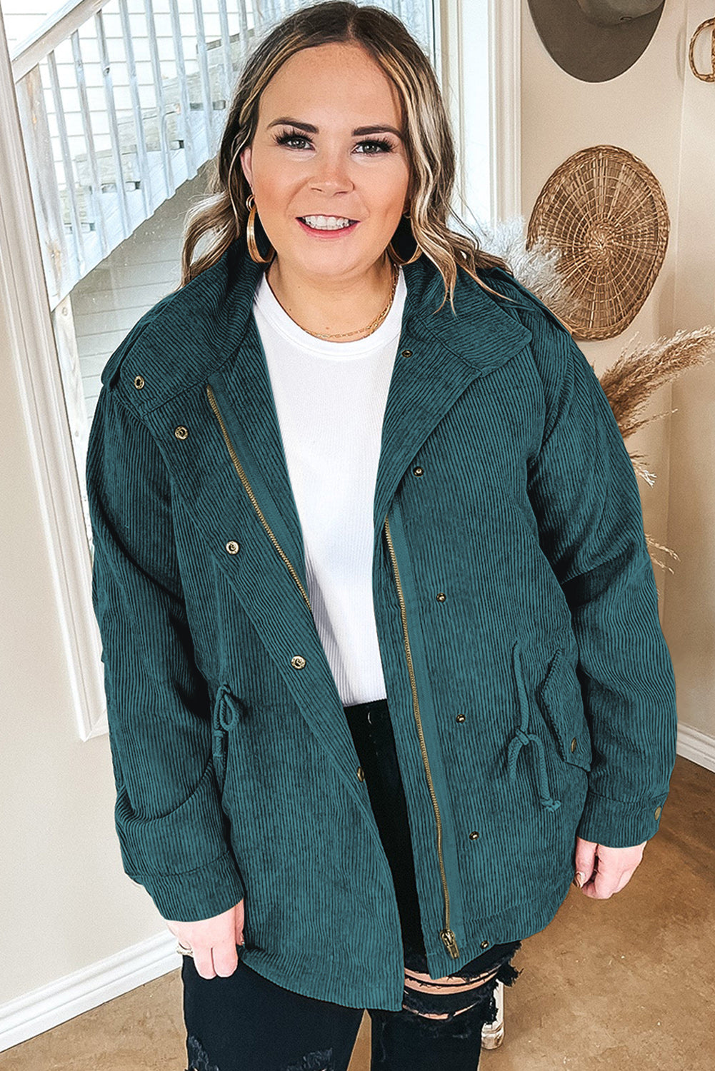 Black Plus Size Button Zipped Corduroy Jacket